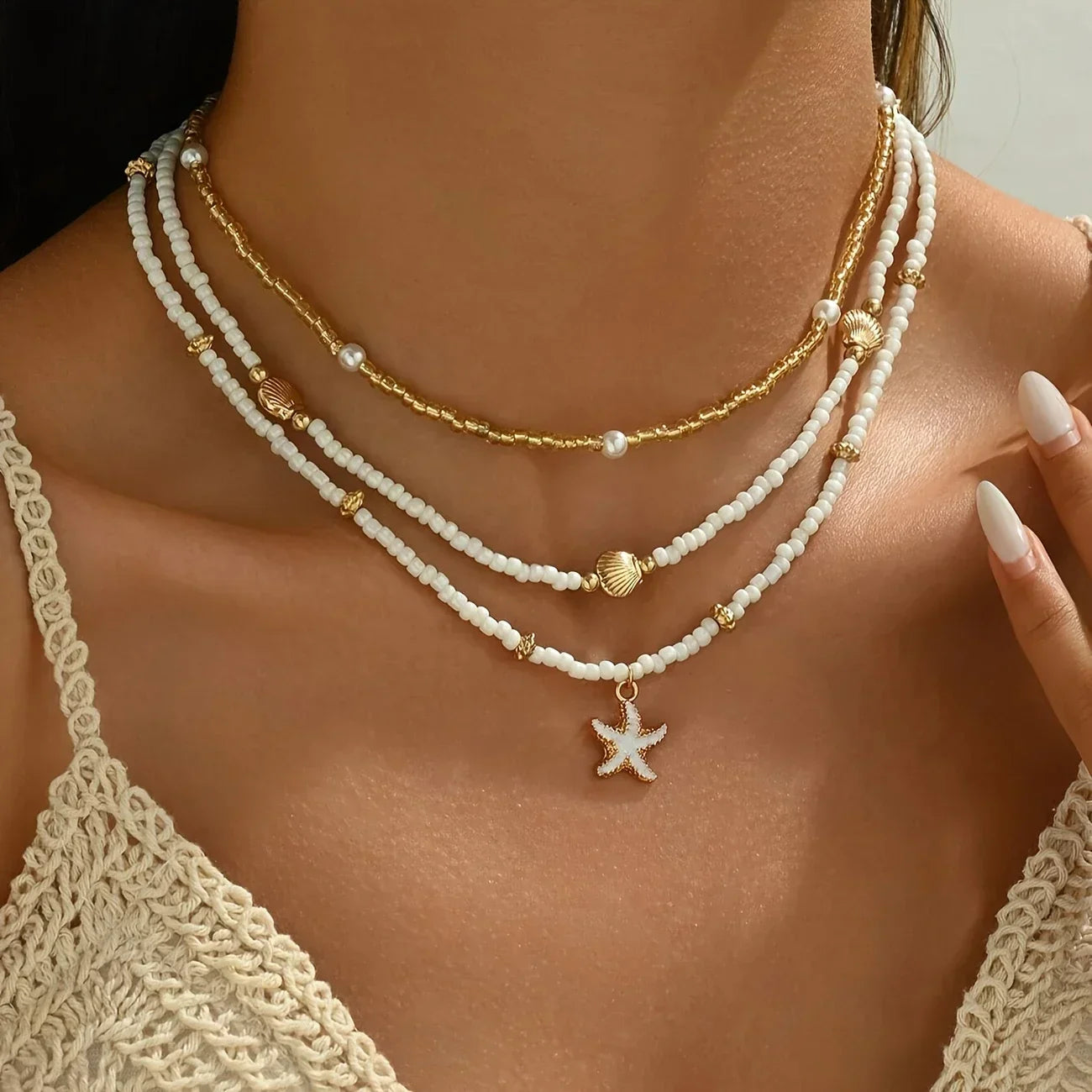NAIA – White & Gold Starfish Beaded Choker