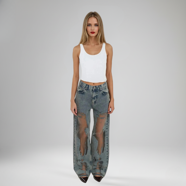 Nova Sheer Panel Wide-Leg Jeans