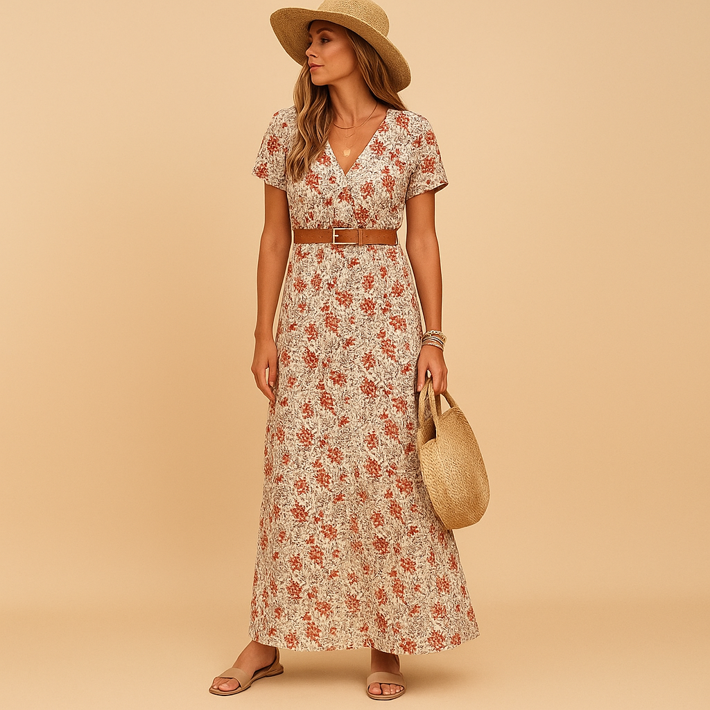 Milou | Women's V-Neck Maxi Dress with Belt