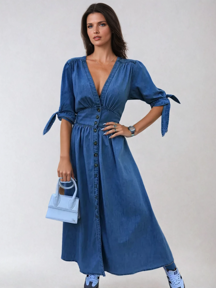 GRACE | RELAXED V-NECK DENIM MAXI DRESS